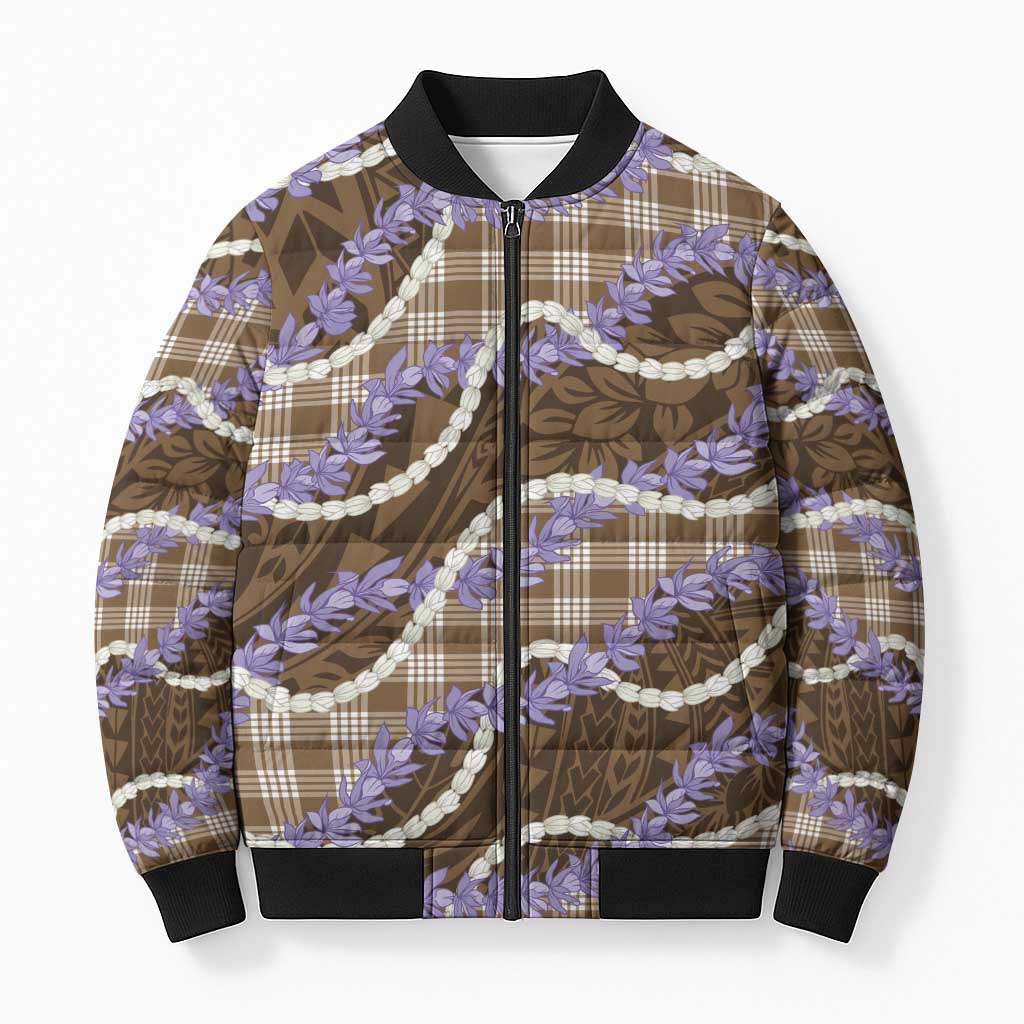 Brown Hawaii Palaka Honohono Pikake Bomber Puffer Jacket Hawaiian Orchid Lei Polynesian Pattern LT14 Unisex Brown - Polynesian Pride