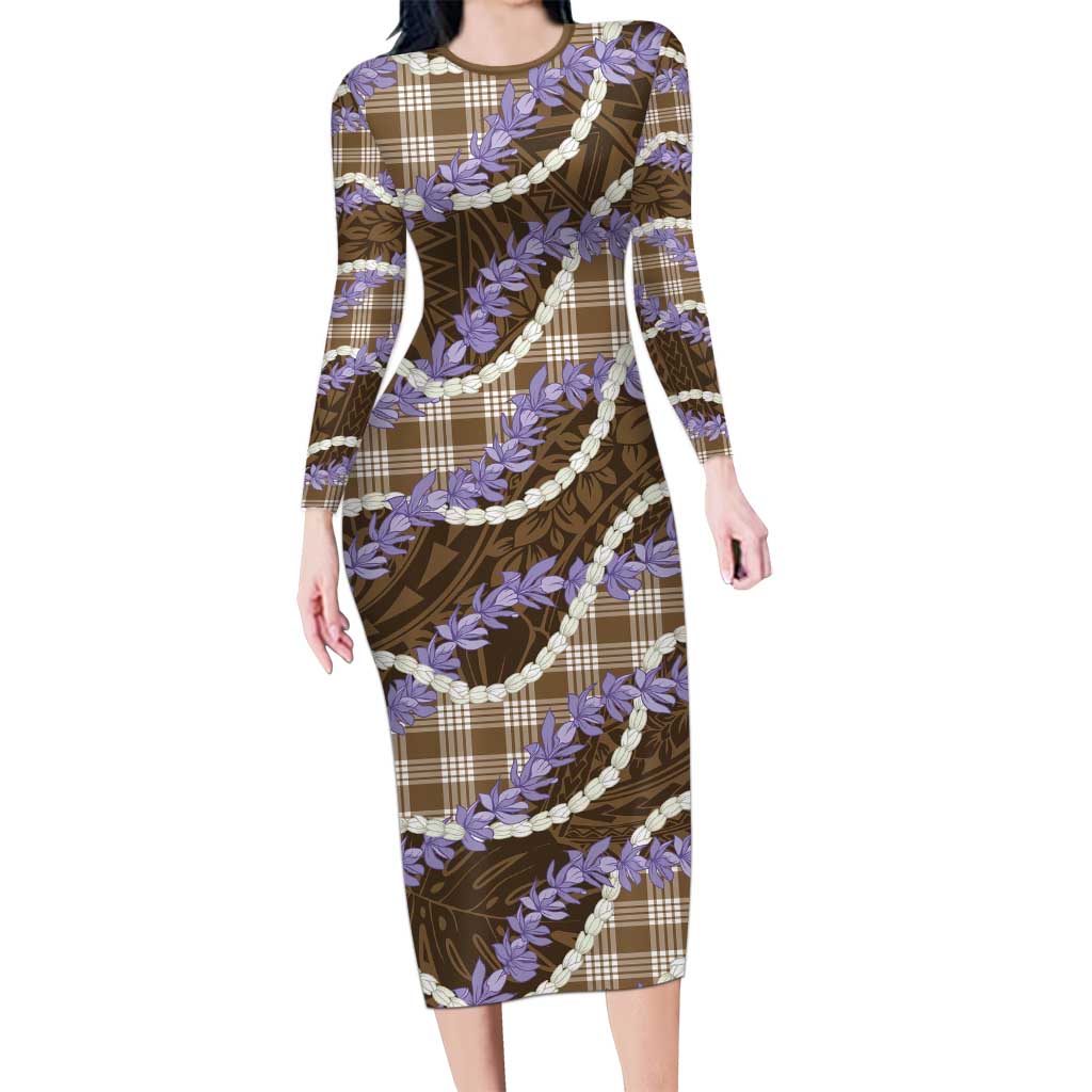 Brown Hawaii Palaka Honohono Pikake Long Sleeve Bodycon Dress Hawaiian Orchid Lei Polynesian Pattern LT14 Long Dress Brown - Polynesian Pride
