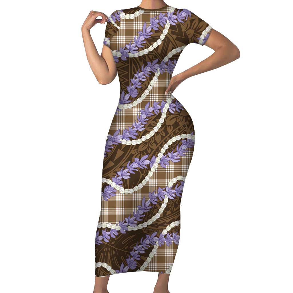Brown Hawaii Palaka Honohono Pikake Short Sleeve Bodycon Dress Hawaiian Orchid Lei Polynesian Pattern LT14 Long Dress Brown - Polynesian Pride