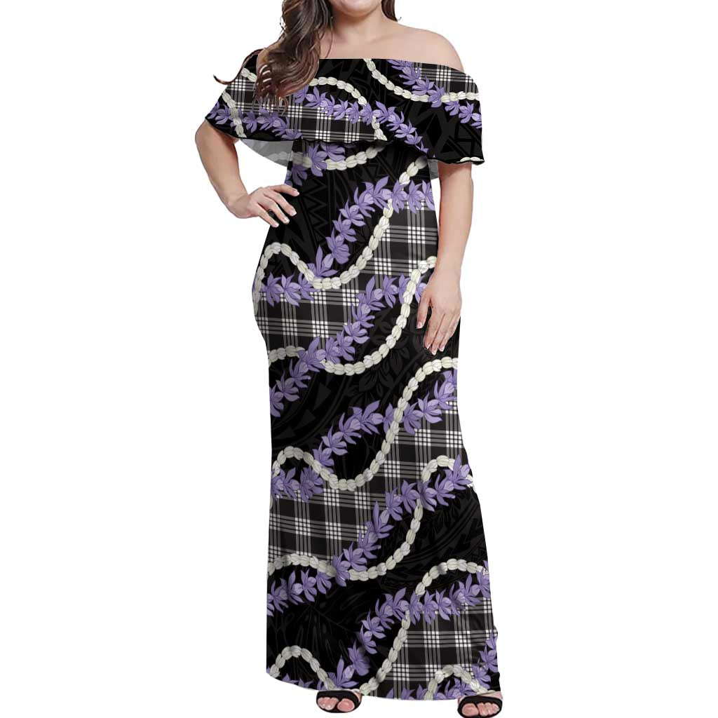Black Hawaii Palaka Honohono Pikake Off Shoulder Maxi Dress Hawaiian Orchid Lei Polynesian Pattern LT14 Women Black - Polynesian Pride