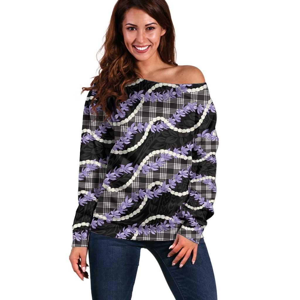 Black Hawaii Palaka Honohono Pikake Off Shoulder Sweater Hawaiian Orchid Lei Polynesian Pattern LT14 Women Black - Polynesian Pride