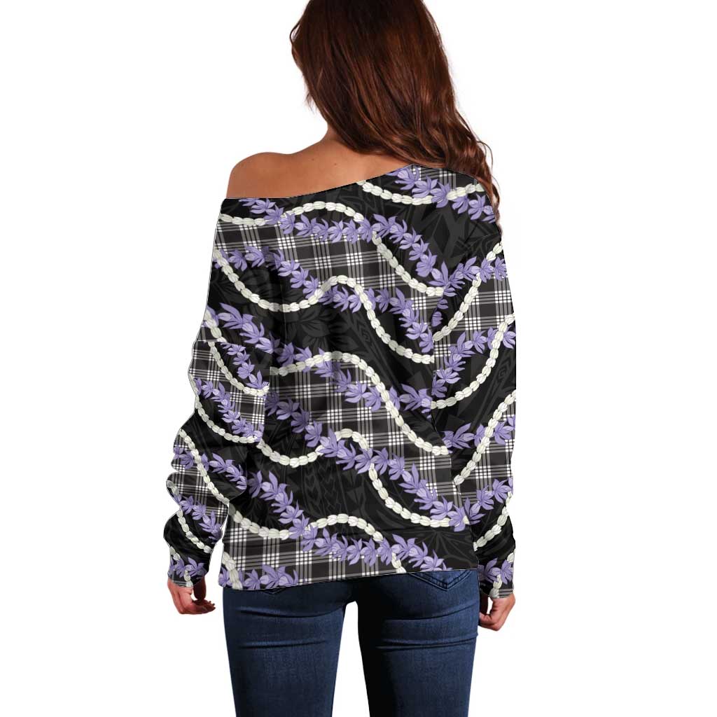 Black Hawaii Palaka Honohono Pikake Off Shoulder Sweater Hawaiian Orchid Lei Polynesian Pattern LT14 - Polynesian Pride