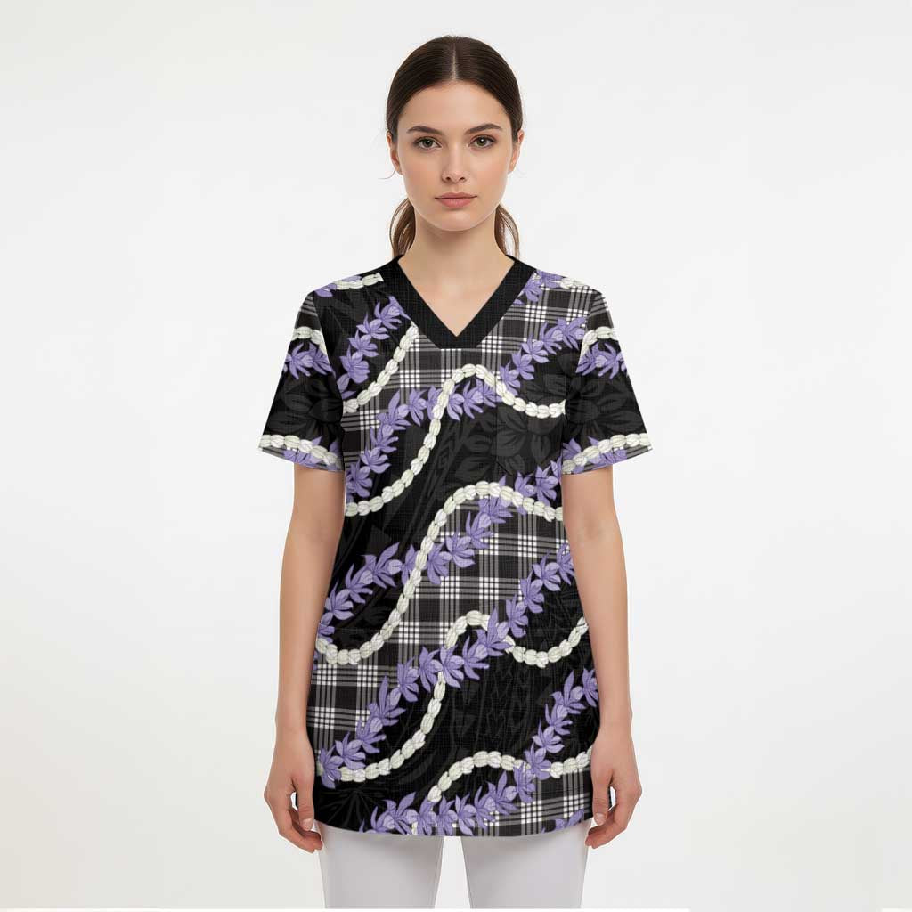 Black Hawaii Palaka Honohono Pikake Scrub Top Hawaiian Orchid Lei Polynesian Pattern LT14 - Polynesian Pride