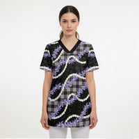 Black Hawaii Palaka Honohono Pikake Scrub Top Hawaiian Orchid Lei Polynesian Pattern LT14 - Polynesian Pride