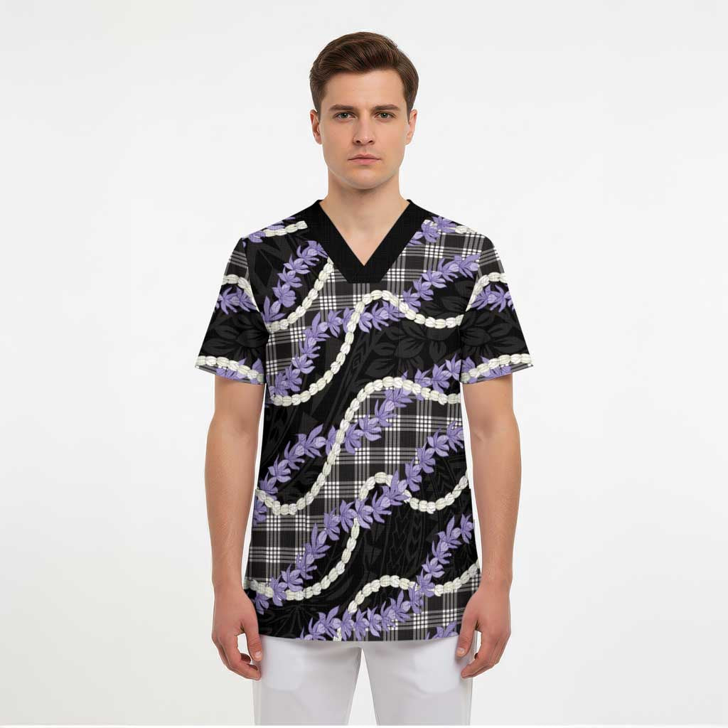 Black Hawaii Palaka Honohono Pikake Scrub Top Hawaiian Orchid Lei Polynesian Pattern LT14 - Polynesian Pride