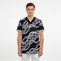 Black Hawaii Palaka Honohono Pikake Scrub Top Hawaiian Orchid Lei Polynesian Pattern LT14 - Polynesian Pride