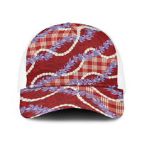 Red Hawaii Palaka Honohono Pikake Baseball Net Cap Hawaiian Orchid Lei Polynesian Pattern LT14 One Size White Red - Polynesian Pride