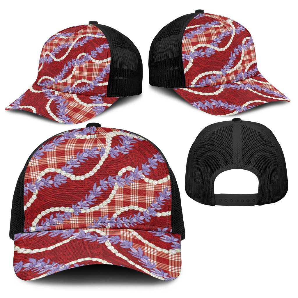 Red Hawaii Palaka Honohono Pikake Baseball Net Cap Hawaiian Orchid Lei Polynesian Pattern LT14 - Polynesian Pride