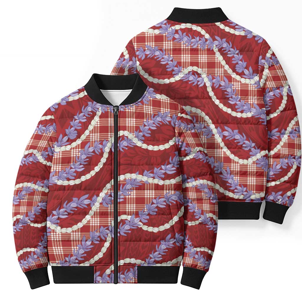 Red Hawaii Palaka Honohono Pikake Bomber Puffer Jacket Hawaiian Orchid Lei Polynesian Pattern LT14 - Polynesian Pride