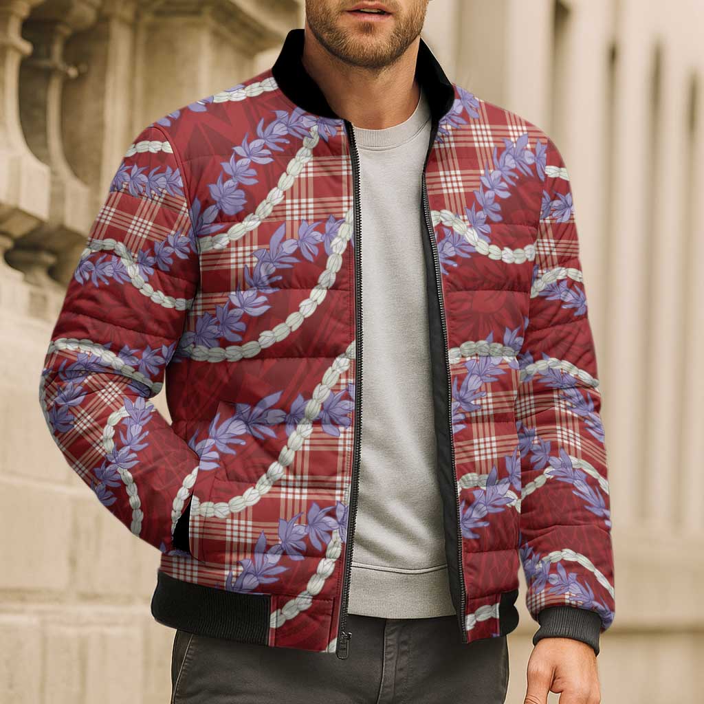 Red Hawaii Palaka Honohono Pikake Bomber Puffer Jacket Hawaiian Orchid Lei Polynesian Pattern LT14 - Polynesian Pride