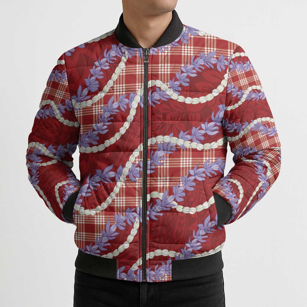 Red Hawaii Palaka Honohono Pikake Bomber Puffer Jacket Hawaiian Orchid Lei Polynesian Pattern LT14 - Polynesian Pride