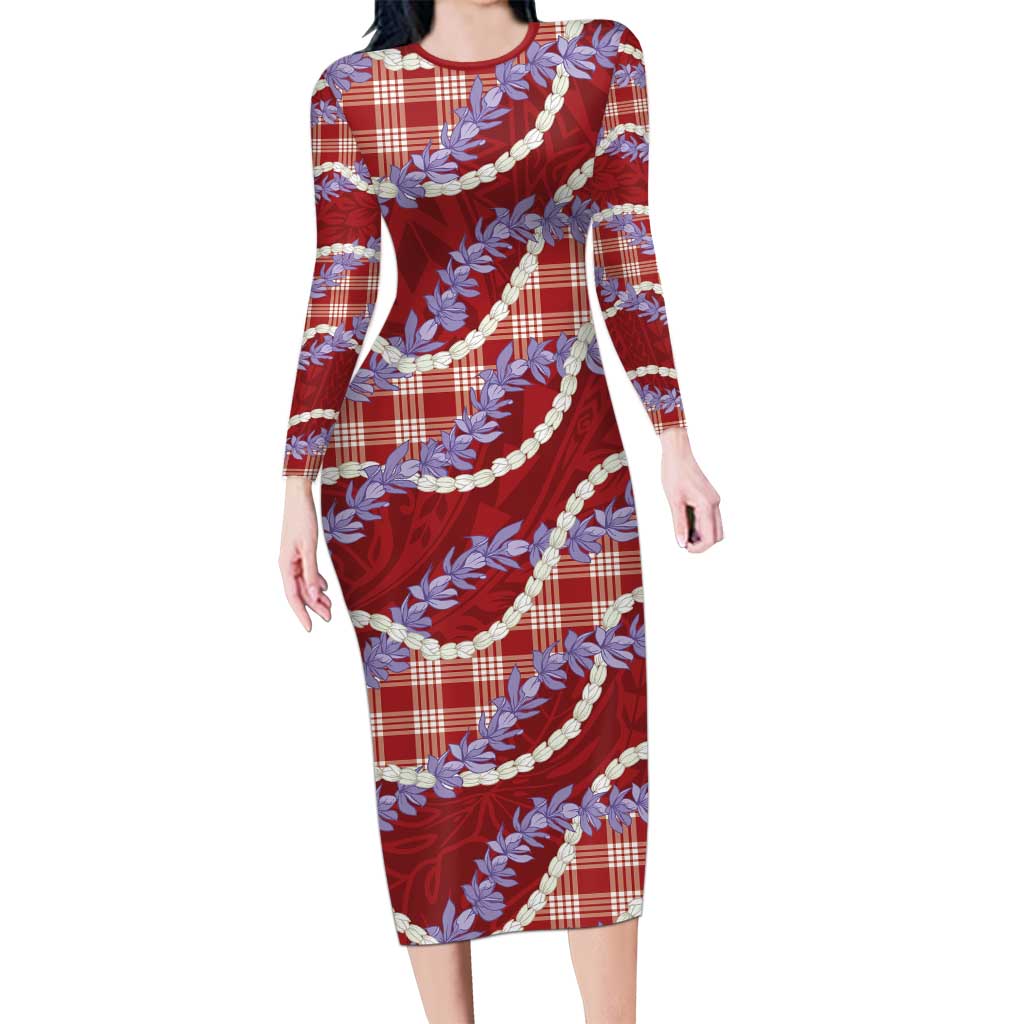 Red Hawaii Palaka Honohono Pikake Long Sleeve Bodycon Dress Hawaiian Orchid Lei Polynesian Pattern LT14 Long Dress Red - Polynesian Pride