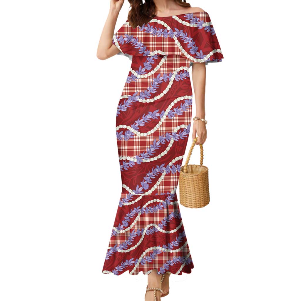 Red Hawaii Palaka Honohono Pikake Mermaid Dress Hawaiian Orchid Lei Polynesian Pattern LT14 Women Red - Polynesian Pride