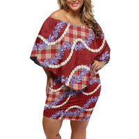 Red Hawaii Palaka Honohono Pikake Off Shoulder Short Dress Hawaiian Orchid Lei Polynesian Pattern LT14 Women Red - Polynesian Pride