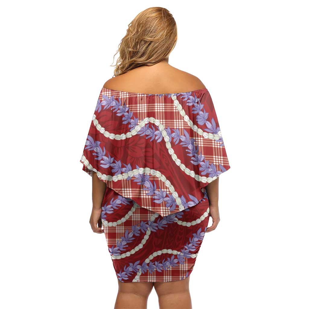 Red Hawaii Palaka Honohono Pikake Off Shoulder Short Dress Hawaiian Orchid Lei Polynesian Pattern LT14 - Polynesian Pride