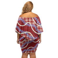 Red Hawaii Palaka Honohono Pikake Off Shoulder Short Dress Hawaiian Orchid Lei Polynesian Pattern LT14 - Polynesian Pride