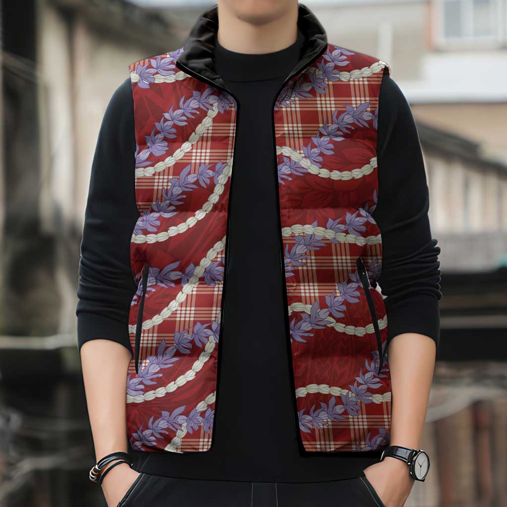 Red Hawaii Palaka Honohono Pikake Sleeveless Puffer Jacket Hawaiian Orchid Lei Polynesian Pattern LT14 - Polynesian Pride