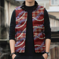 Red Hawaii Palaka Honohono Pikake Sleeveless Puffer Jacket Hawaiian Orchid Lei Polynesian Pattern LT14 - Polynesian Pride