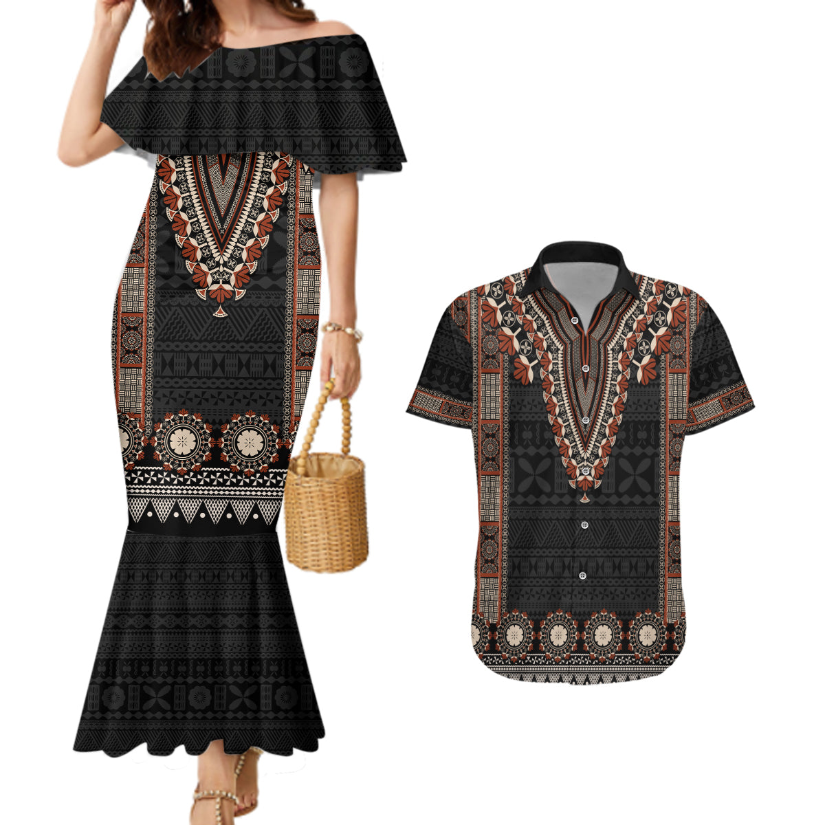 Bula Fiji Dashiki Vintage Fijian Masi Tapa Pattern Couples Matching Mermaid Dress and Hawaiian Shirt LT14 Brown - Polynesian Pride