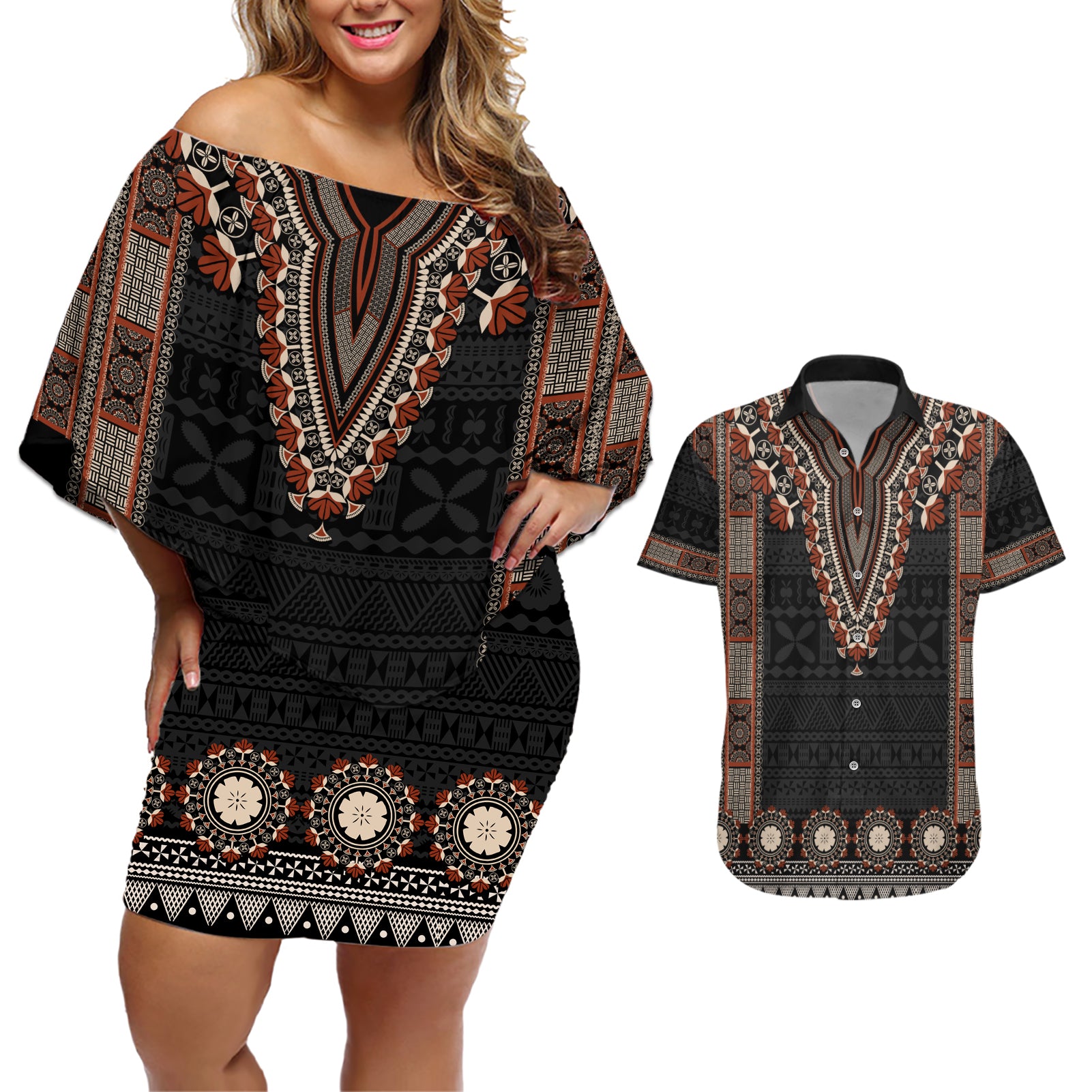 Bula Fiji Dashiki Vintage Fijian Masi Tapa Pattern Couples Matching Off Shoulder Short Dress and Hawaiian Shirt LT14 Brown - Polynesian Pride