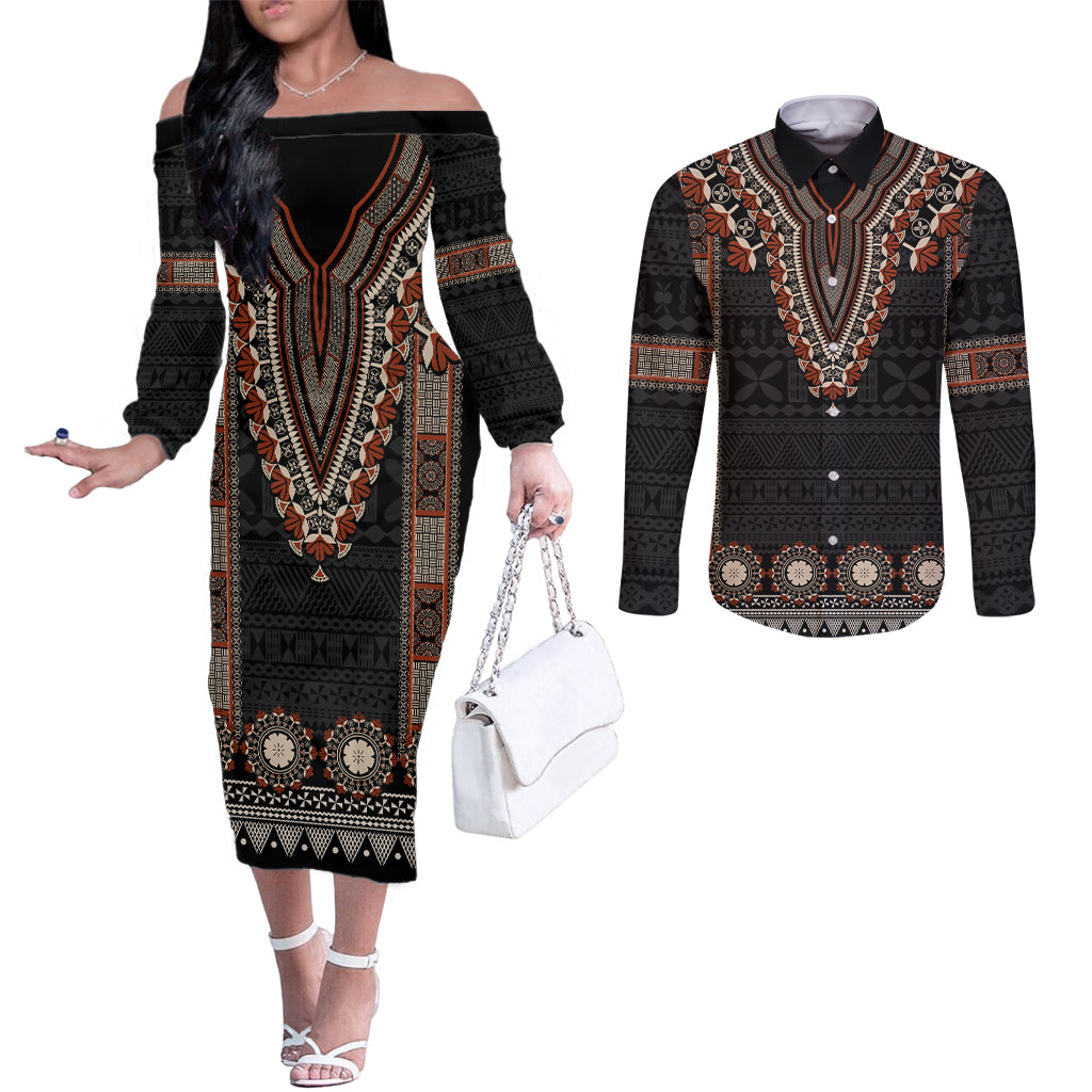 Bula Fiji Dashiki Vintage Fijian Masi Tapa Pattern Couples Matching Off The Shoulder Long Sleeve Dress and Long Sleeve Button Shirt LT14 Brown - Polynesian Pride