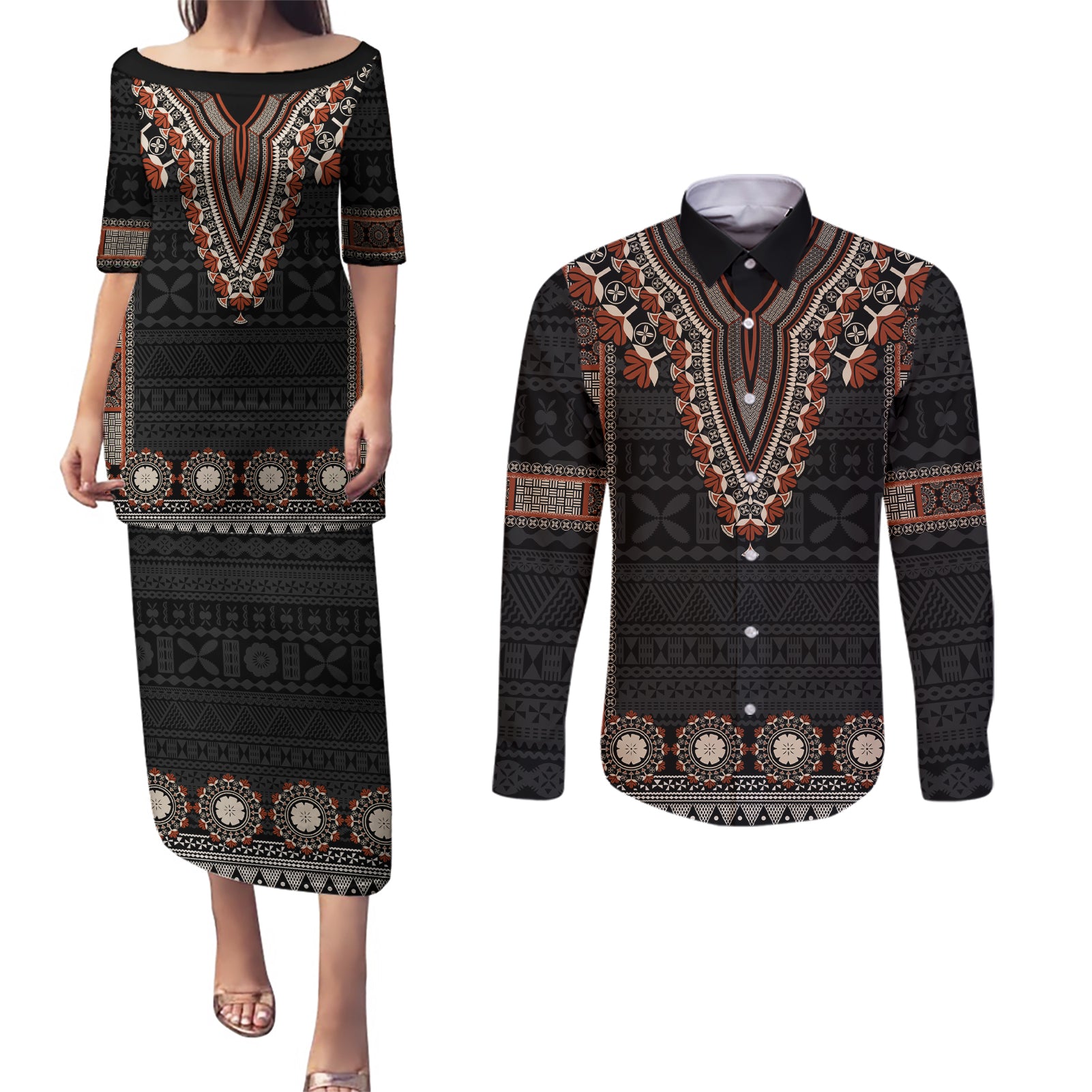 Bula Fiji Dashiki Vintage Fijian Masi Tapa Pattern Couples Matching Puletasi Dress and Long Sleeve Button Shirt LT14 Brown - Polynesian Pride