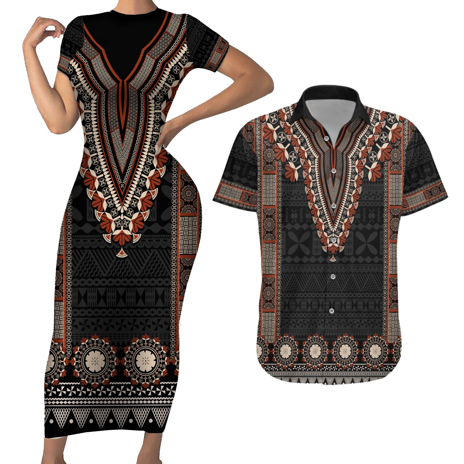 Bula Fiji Dashiki Vintage Fijian Masi Tapa Pattern Couples Matching Short Sleeve Bodycon Dress and Hawaiian Shirt LT14 Brown - Polynesian Pride