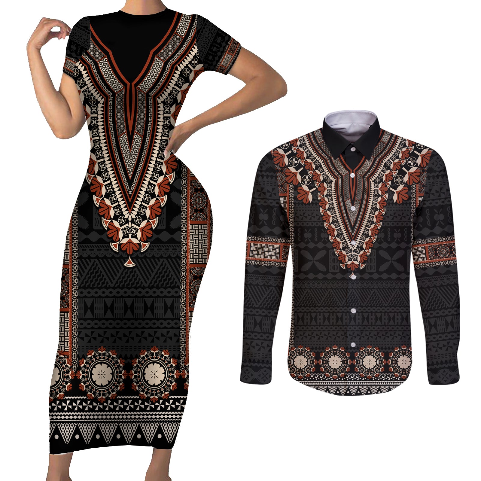 Bula Fiji Dashiki Vintage Fijian Masi Tapa Pattern Couples Matching Short Sleeve Bodycon Dress and Long Sleeve Button Shirt LT14 Brown - Polynesian Pride