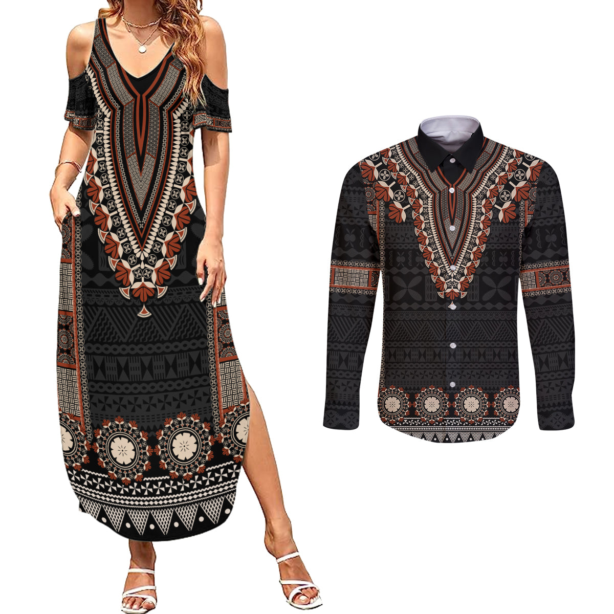 Bula Fiji Dashiki Vintage Fijian Masi Tapa Pattern Couples Matching Summer Maxi Dress and Long Sleeve Button Shirt LT14 Brown - Polynesian Pride