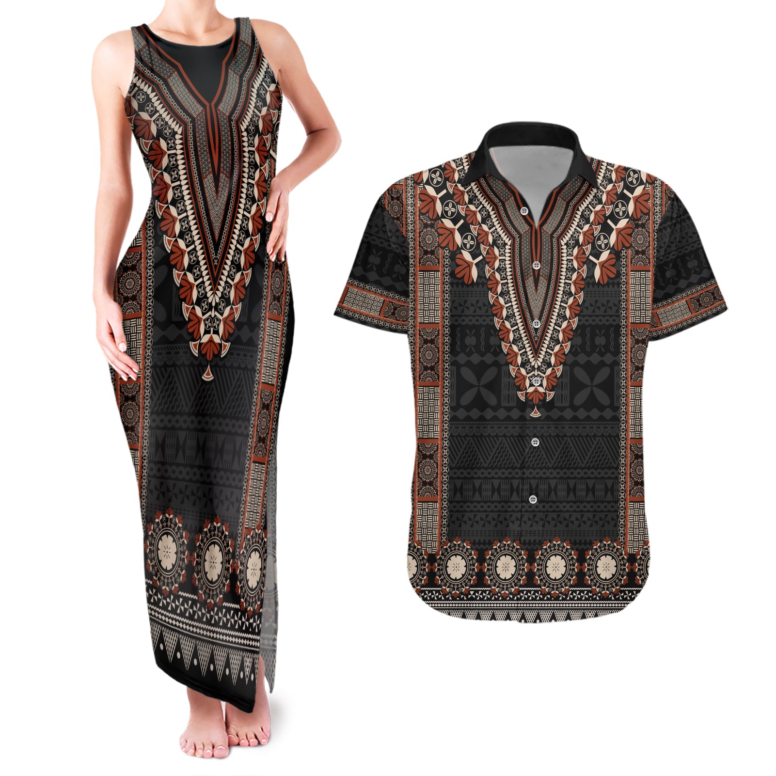 Bula Fiji Dashiki Vintage Fijian Masi Tapa Pattern Couples Matching Tank Maxi Dress and Hawaiian Shirt LT14 Brown - Polynesian Pride