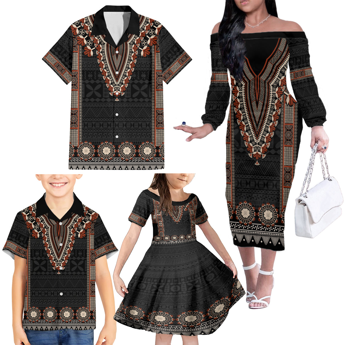 Bula Fiji Dashiki Vintage Fijian Masi Tapa Pattern Family Matching Off Shoulder Long Sleeve Dress and Hawaiian Shirt LT14 - Polynesian Pride