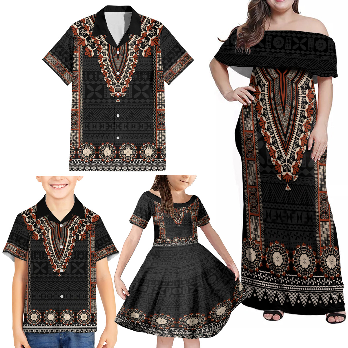 Bula Fiji Dashiki Vintage Fijian Masi Tapa Pattern Family Matching Off Shoulder Maxi Dress and Hawaiian Shirt LT14 - Polynesian Pride