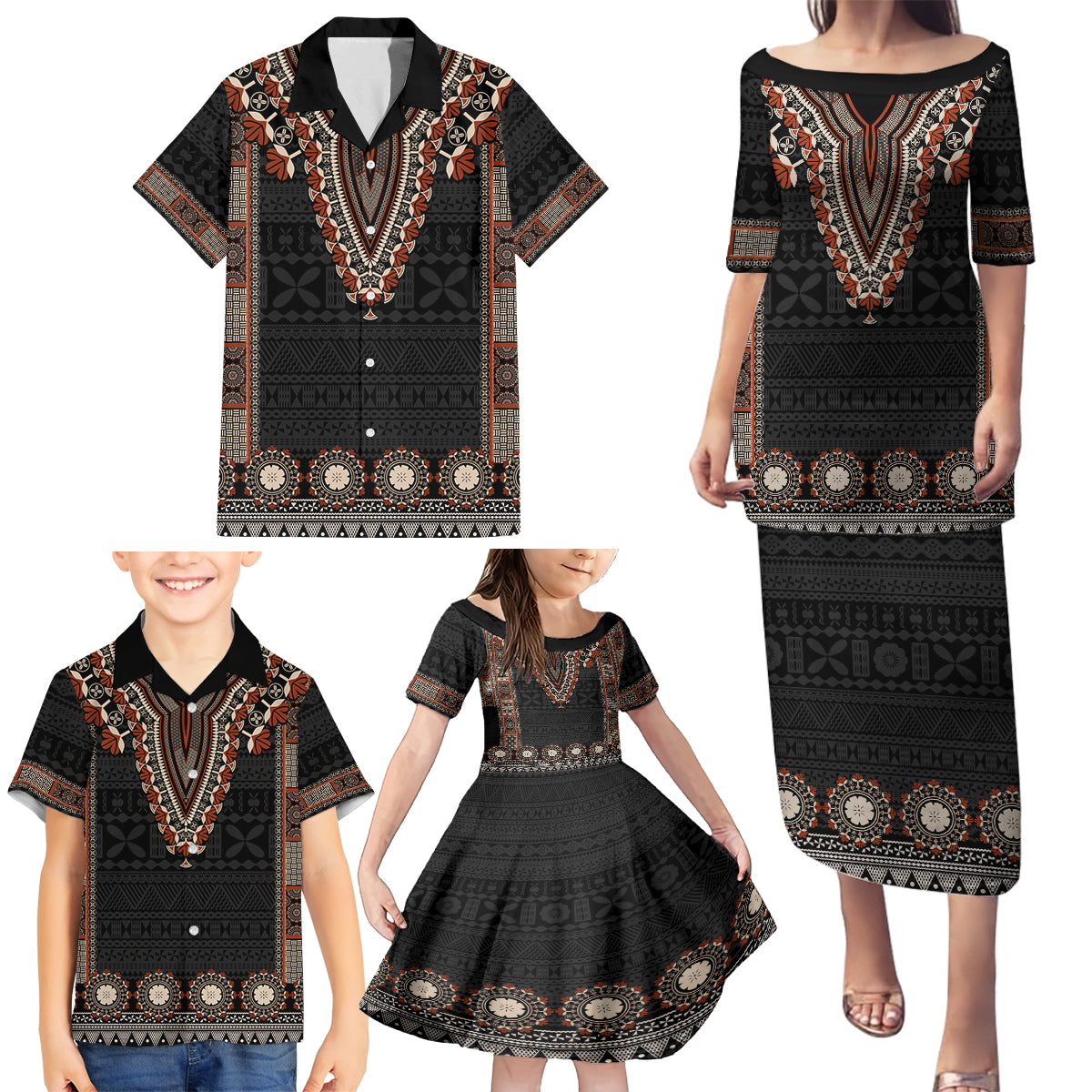 Bula Fiji Dashiki Vintage Fijian Masi Tapa Pattern Family Matching Puletasi Dress and Hawaiian Shirt LT14 - Polynesian Pride