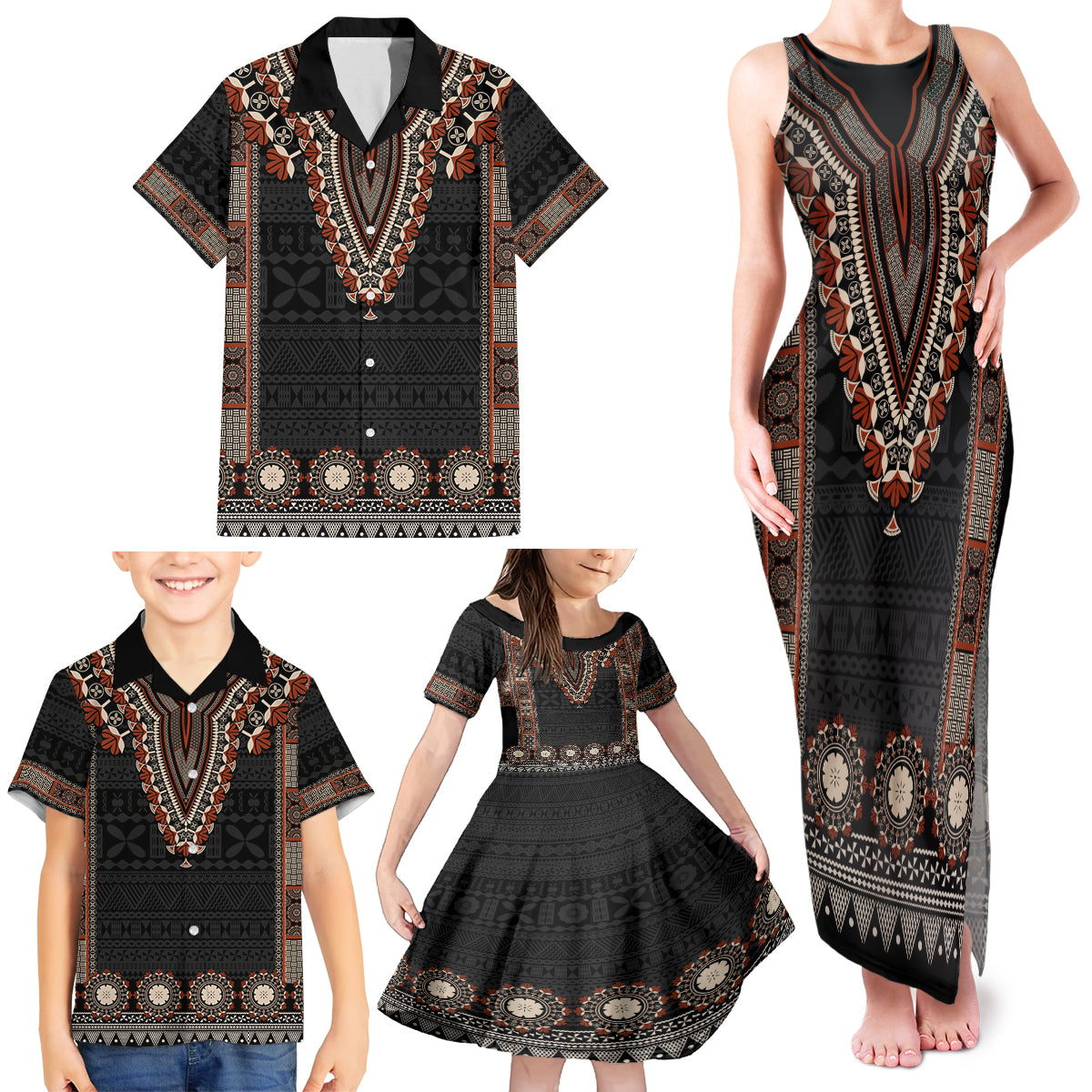 Bula Fiji Dashiki Vintage Fijian Masi Tapa Pattern Family Matching Tank Maxi Dress and Hawaiian Shirt LT14 - Polynesian Pride