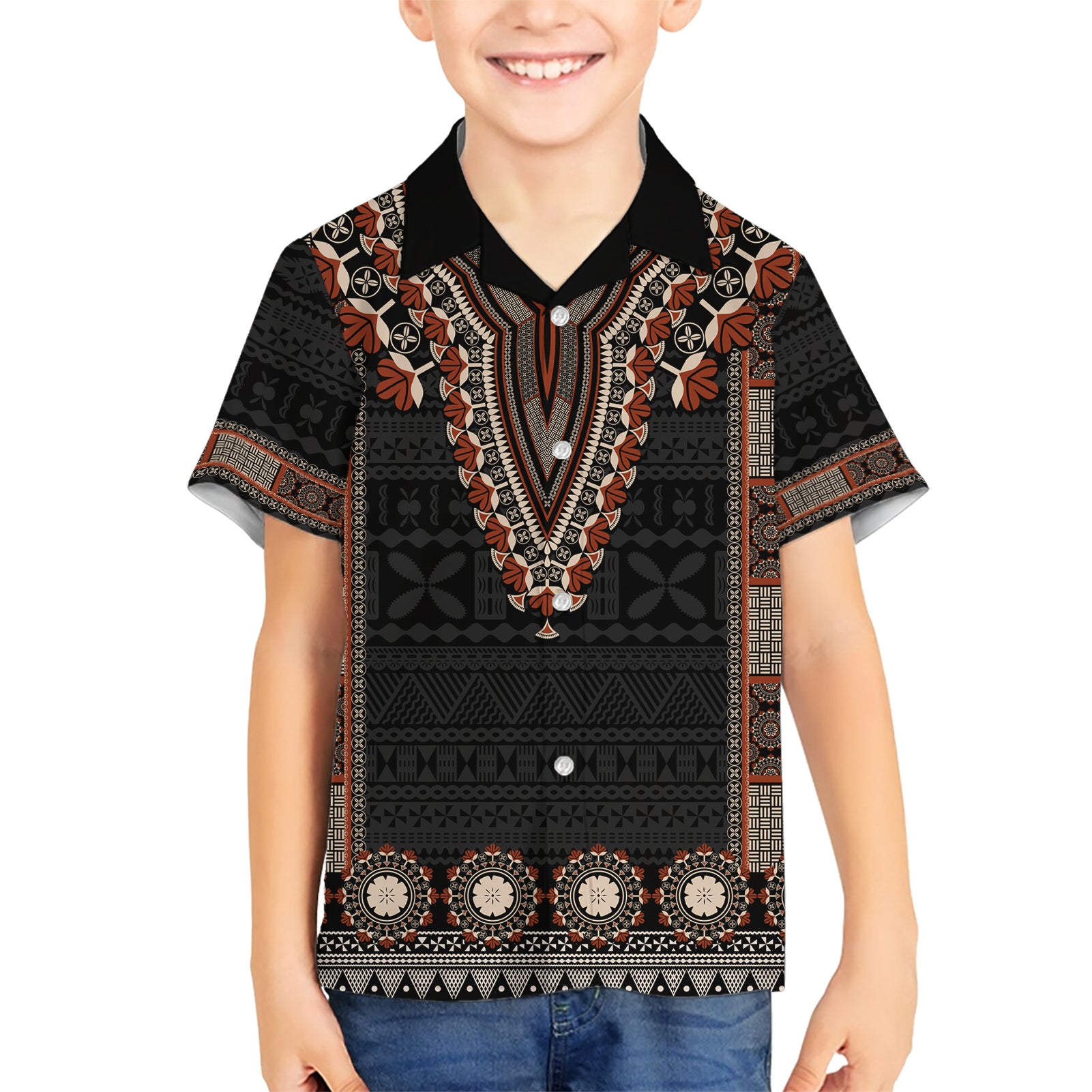 Bula Fiji Dashiki Vintage Fijian Masi Tapa Pattern Kid Hawaiian Shirt LT14 Kid Brown - Polynesian Pride