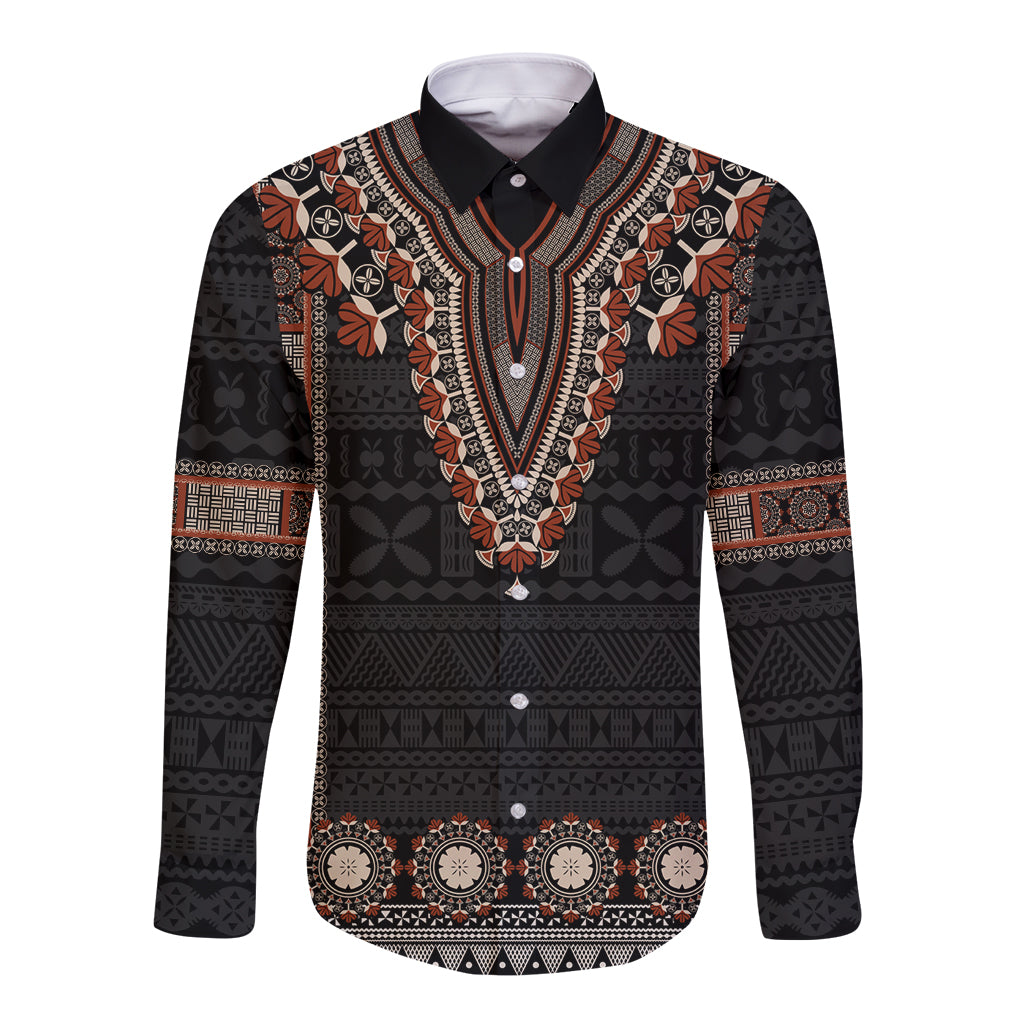 Bula Fiji Dashiki Vintage Fijian Masi Tapa Pattern Long Sleeve Button Shirt LT14 Unisex Brown - Polynesian Pride