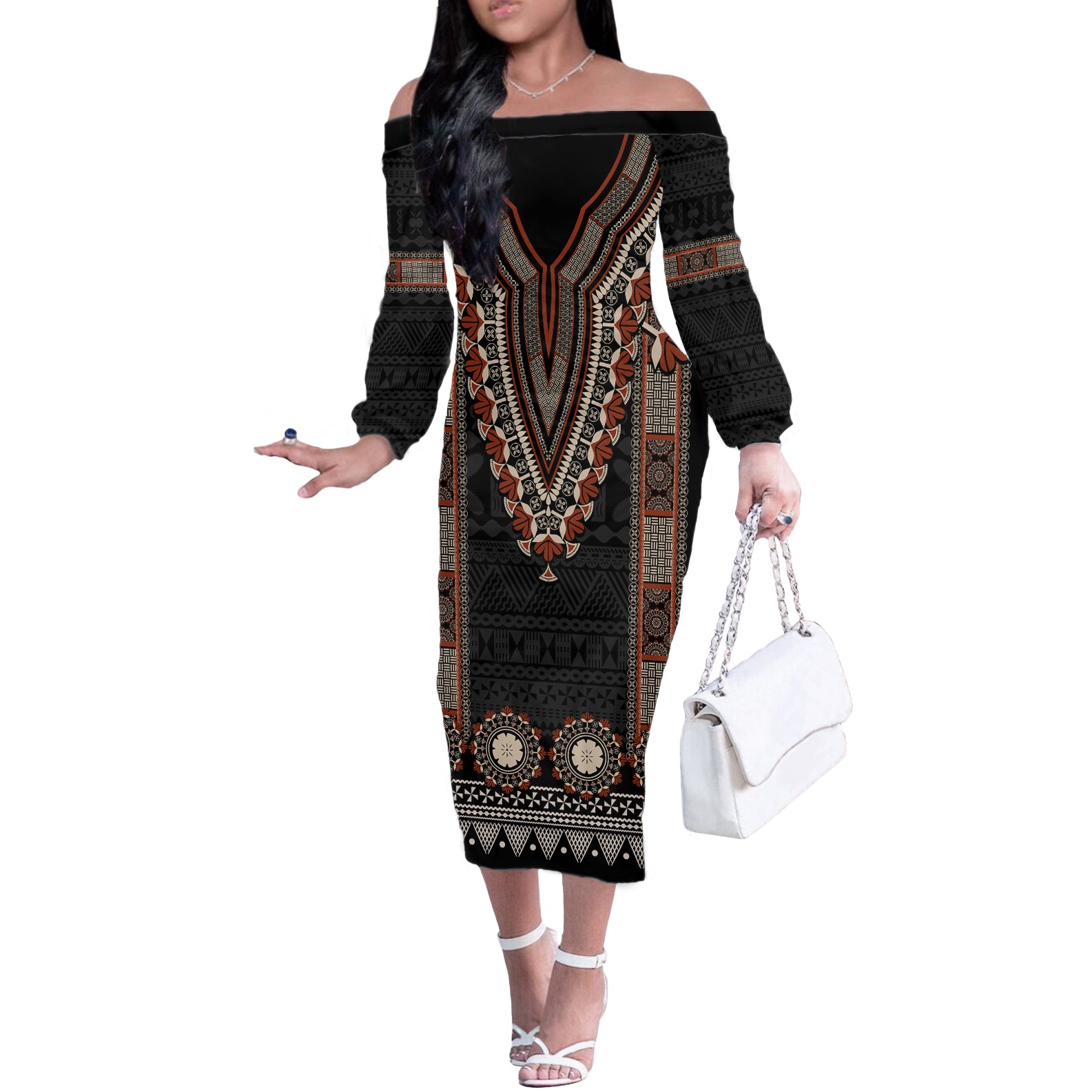 Bula Fiji Dashiki Vintage Fijian Masi Tapa Pattern Off The Shoulder Long Sleeve Dress LT14 Women Brown - Polynesian Pride