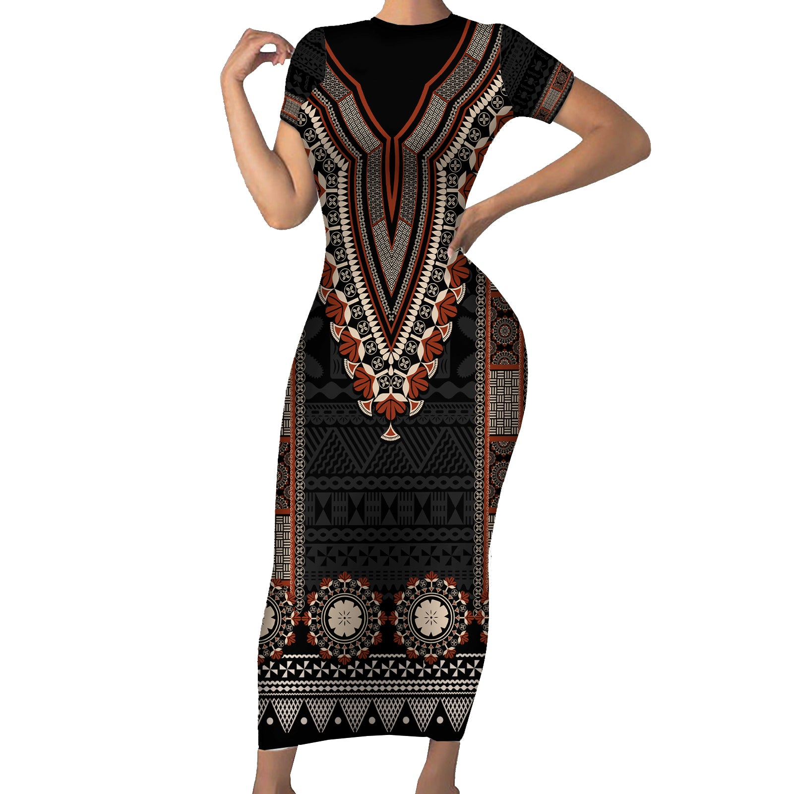 Bula Fiji Dashiki Vintage Fijian Masi Tapa Pattern Short Sleeve Bodycon Dress LT14 Long Dress Brown - Polynesian Pride