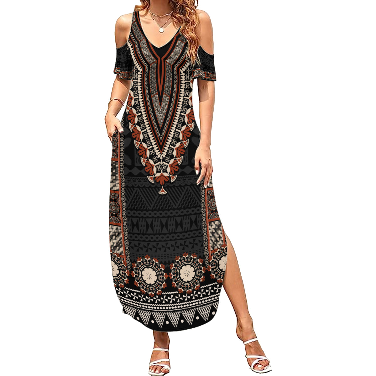 Bula Fiji Dashiki Vintage Fijian Masi Tapa Pattern Summer Maxi Dress LT14 Women Brown - Polynesian Pride