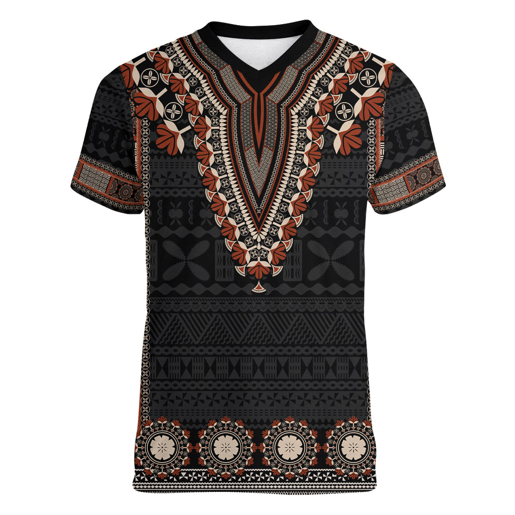 Bula Fiji Dashiki Vintage Fijian Masi Tapa Pattern Women V Neck T Shirt LT14 Female Brown - Polynesian Pride