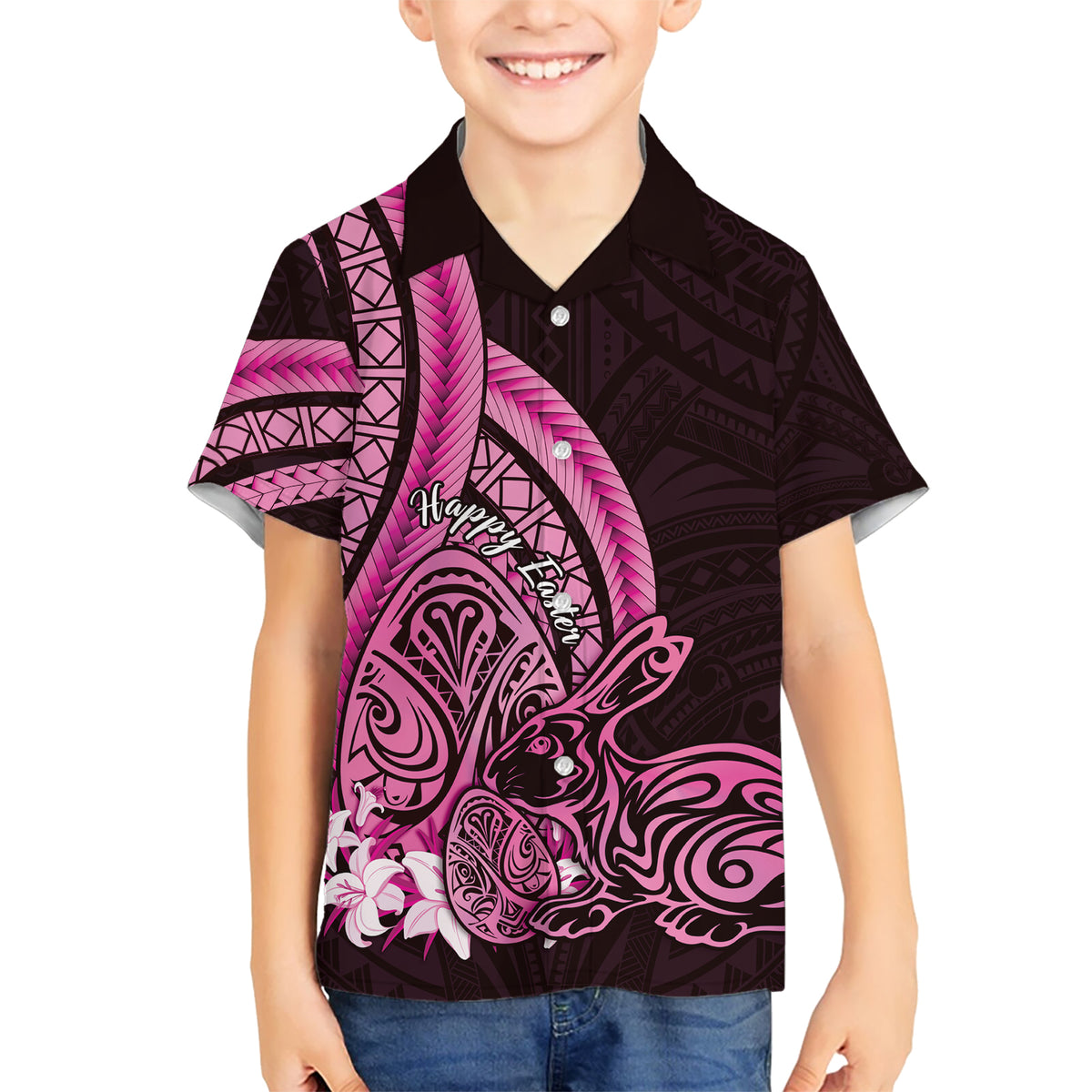 Pink Polynesia Easter Day Kid Hawaiian Shirt Eggs With Bunny Polynesian Pattern LT14 Kid Pink - Polynesian Pride