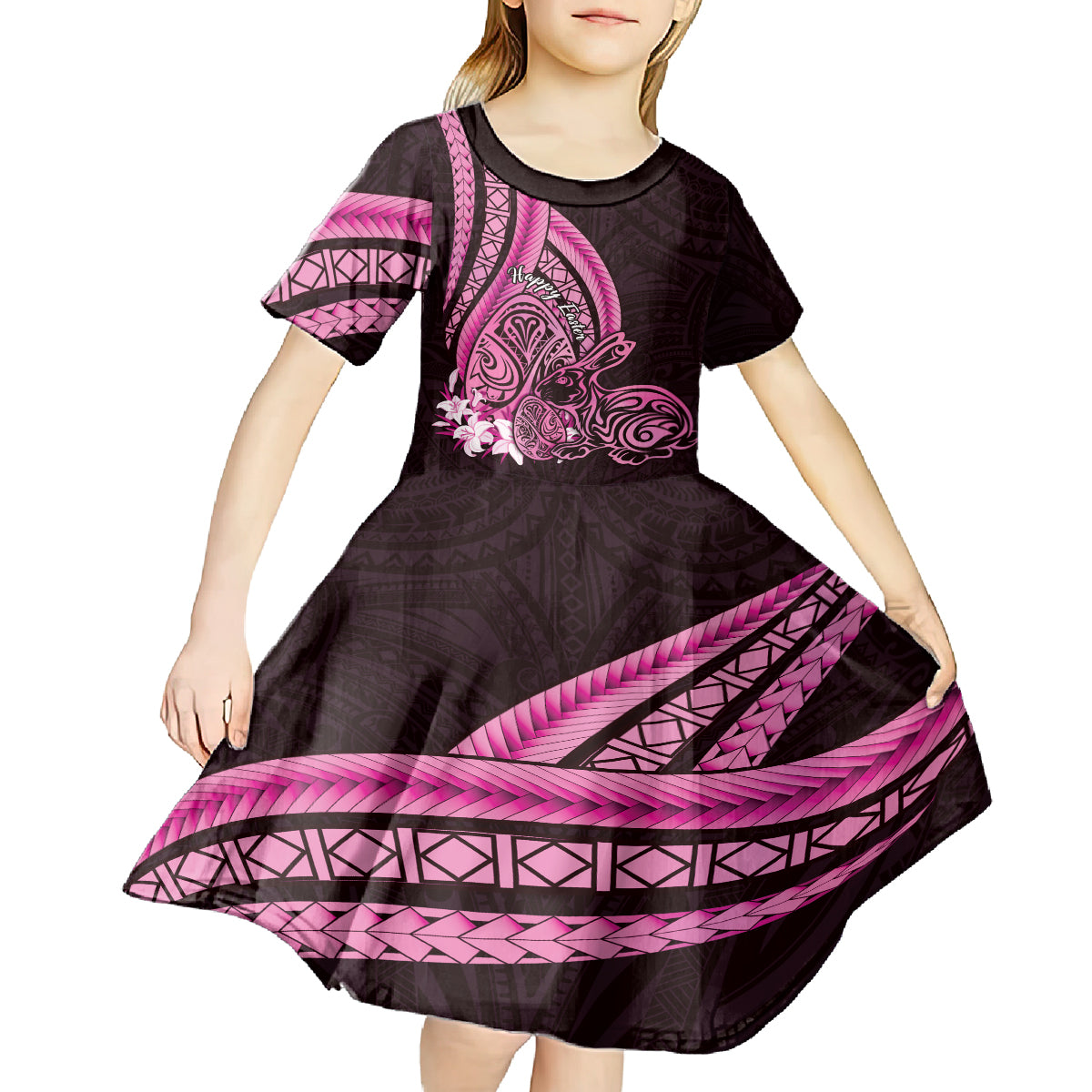 Pink Polynesia Easter Day Kid Short Sleeve Dress Eggs With Bunny Polynesian Pattern LT14 - Polynesian Pride