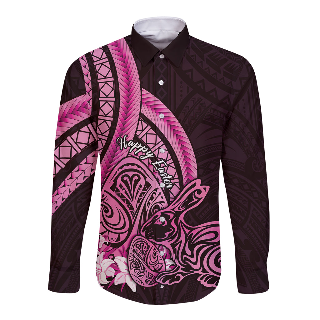 Pink Polynesia Easter Day Long Sleeve Button Shirt Eggs With Bunny Polynesian Pattern LT14 Unisex Pink - Polynesian Pride
