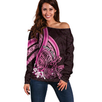 Pink Polynesia Easter Day Off Shoulder Sweater Eggs With Bunny Polynesian Pattern LT14 Women Pink - Polynesian Pride