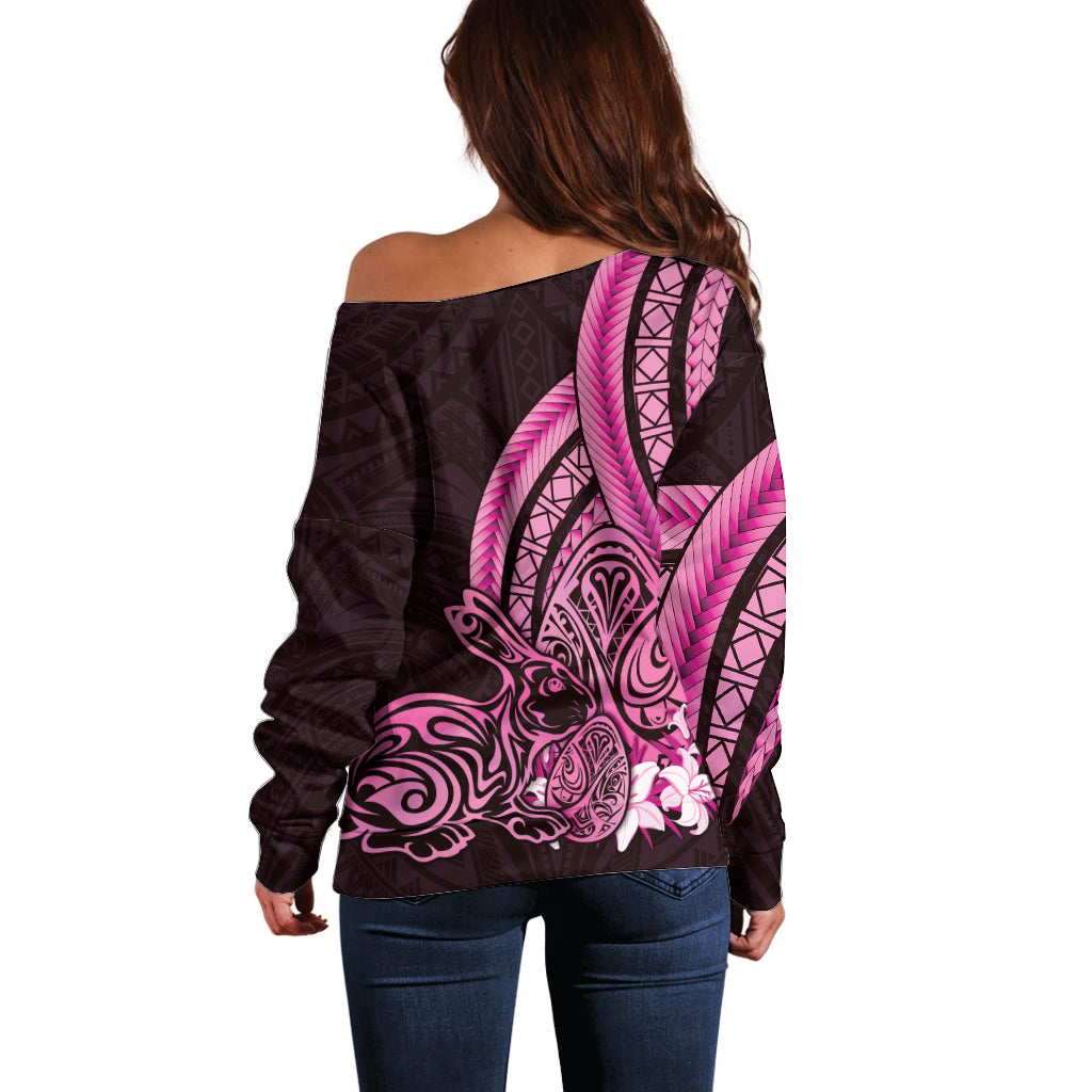 Pink Polynesia Easter Day Off Shoulder Sweater Eggs With Bunny Polynesian Pattern LT14 - Polynesian Pride