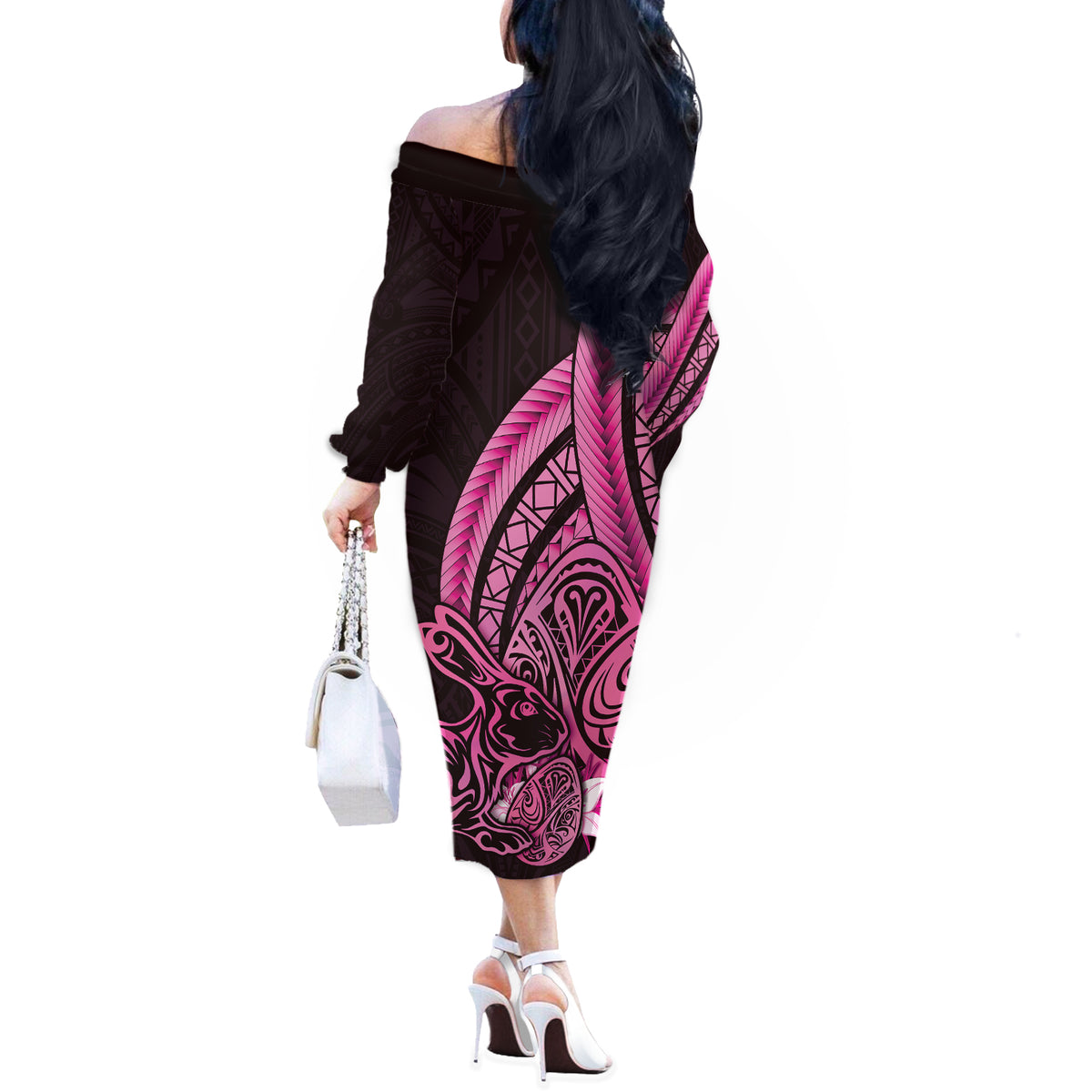 Pink Polynesia Easter Day Off The Shoulder Long Sleeve Dress Eggs With Bunny Polynesian Pattern LT14 - Polynesian Pride