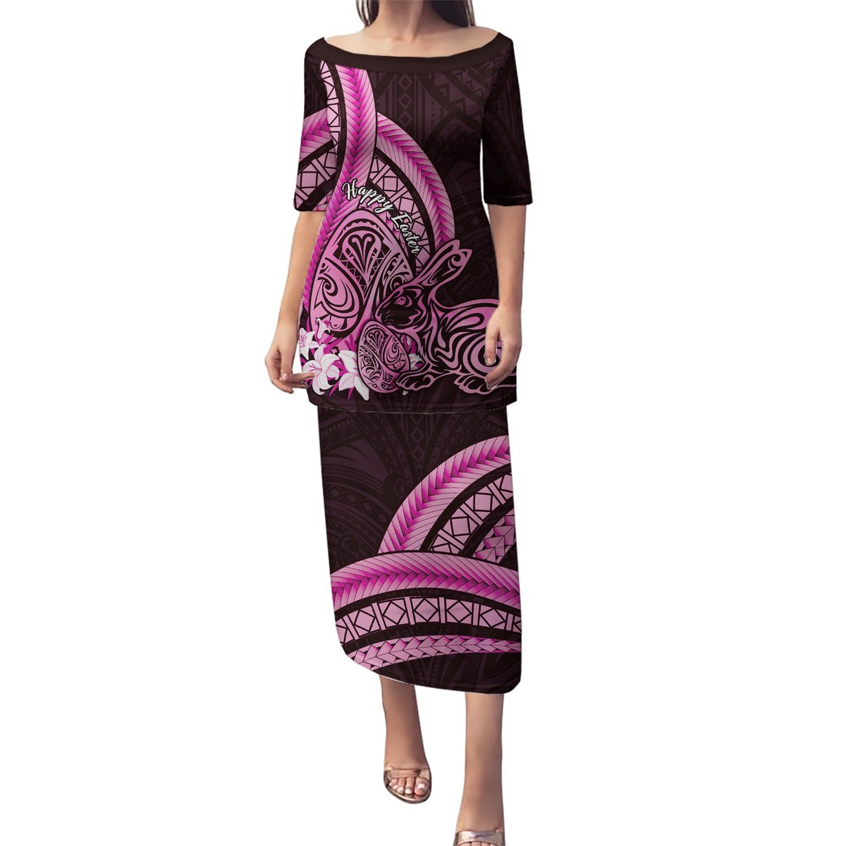 Pink Polynesia Easter Day Puletasi Eggs With Bunny Polynesian Pattern LT14 Long Dress Pink - Polynesian Pride