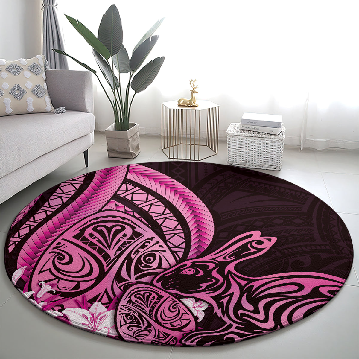 Pink Polynesia Easter Day Round Carpet Eggs With Bunny Polynesian Pattern LT14 - Polynesian Pride