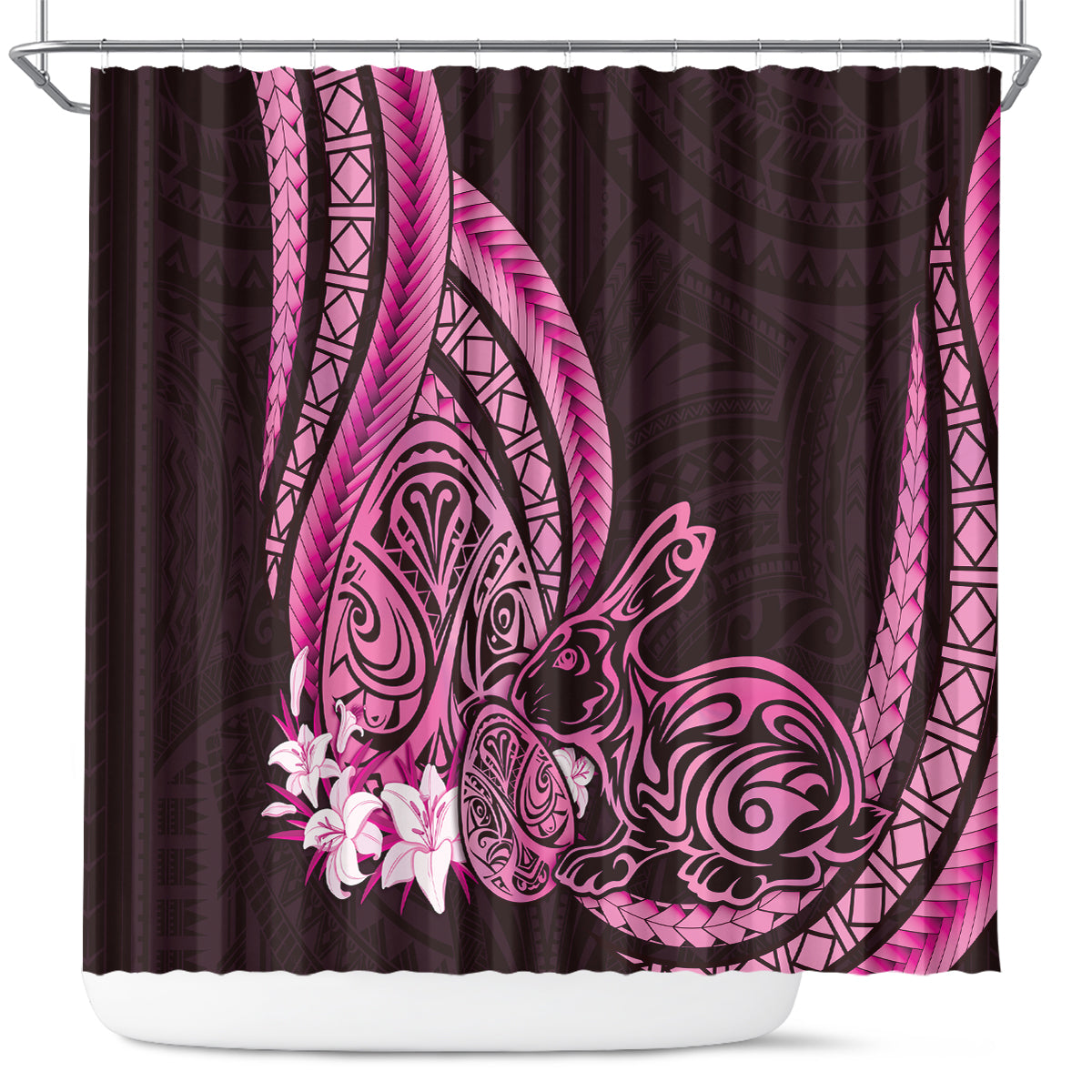 Pink Polynesia Easter Day Shower Curtain Eggs With Bunny Polynesian Pattern