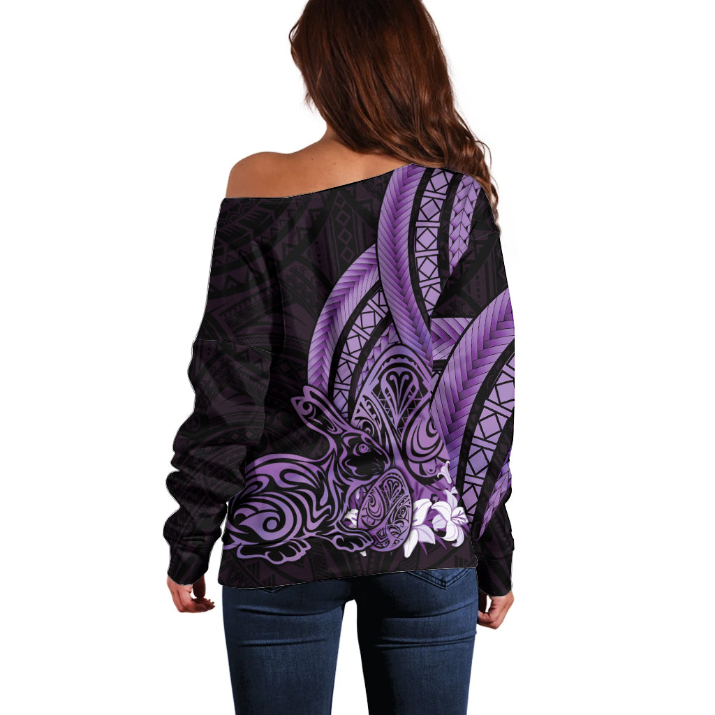 Purple Polynesia Easter Day Off Shoulder Sweater Eggs With Bunny Polynesian Pattern LT14 - Polynesian Pride